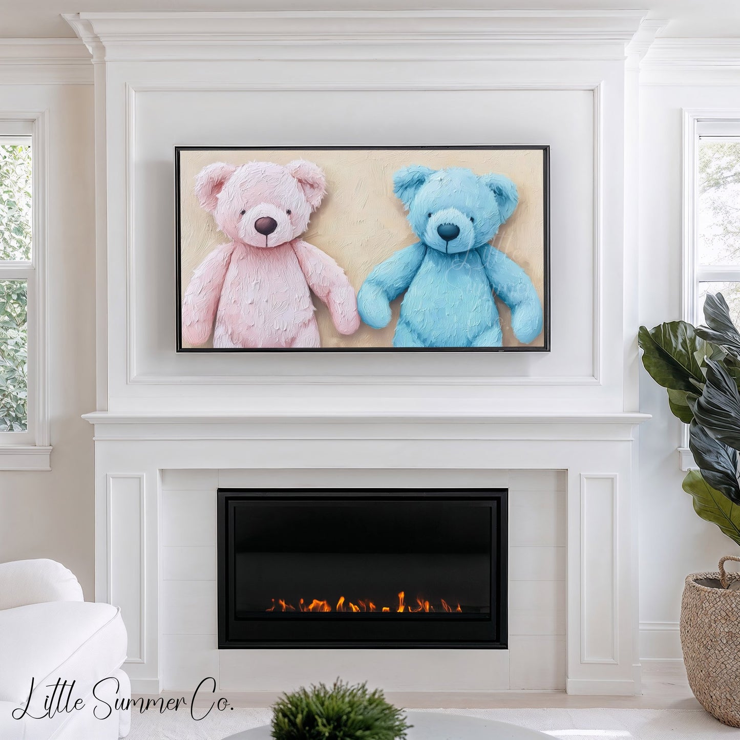 Pink and Blue Teddy Bears Frame TV Art displayed on a TV