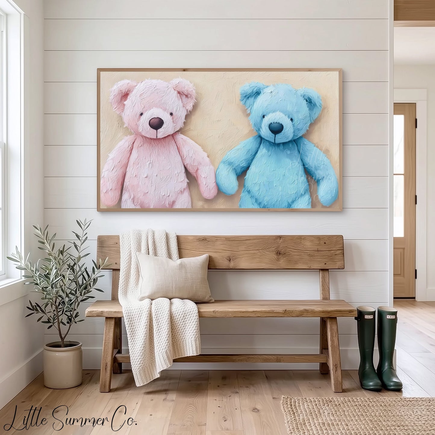 Pink and Blue Teddy Bears Frame TV Art displayed on a TV