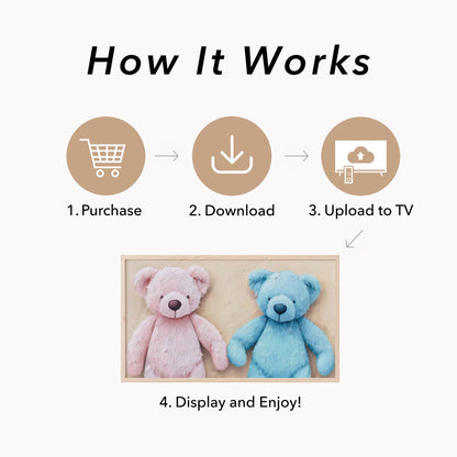 Pink and Blue Teddy Bears Frame TV Art displayed on a TV