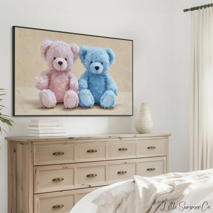 Soft Teddy Bear Pair Frame TV Art displayed on a TV