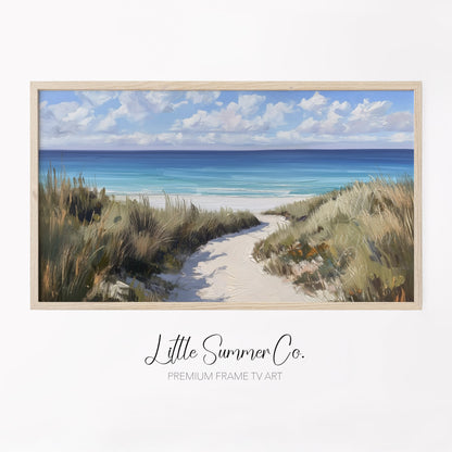 Sandy Dune Path to Beach Frame TV Art displayed on a TV