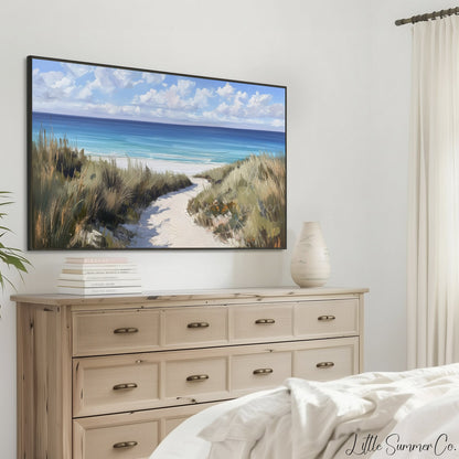 Sandy Dune Path to Beach Frame TV Art displayed on a TV