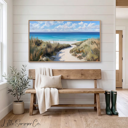 Sandy Dune Path to Beach Frame TV Art displayed on a TV