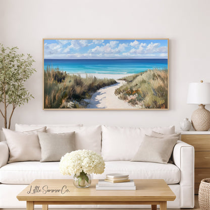 Sandy Dune Path to Beach Frame TV Art displayed on a TV