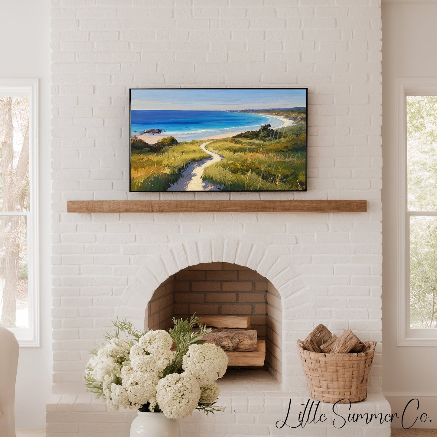 Coastal Bay Dune Path Frame TV Art displayed on a TV