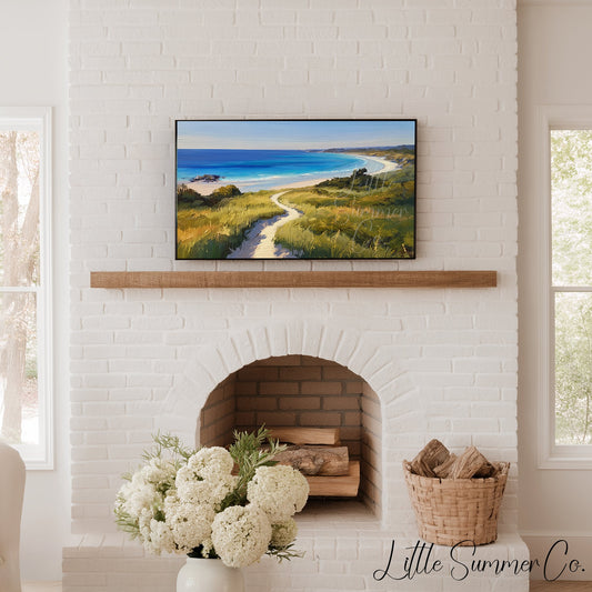 Coastal Bay Dune Path Frame TV Art displayed on a TV