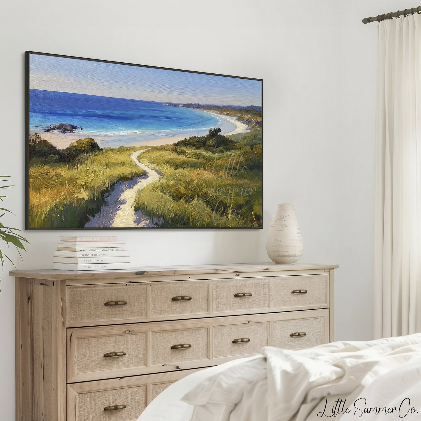 Coastal Bay Dune Path Frame TV Art displayed on a TV