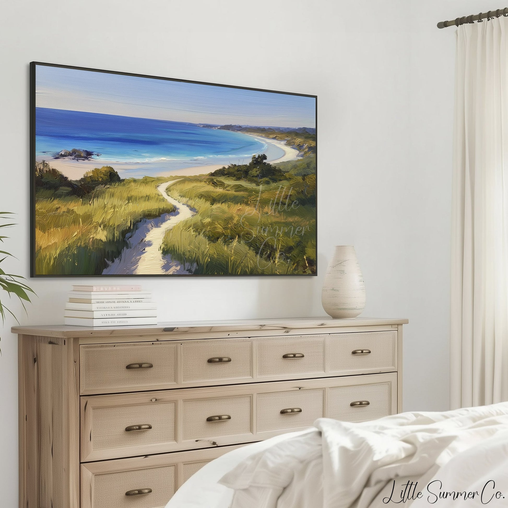 Coastal Bay Dune Path Frame TV Art displayed on a TV