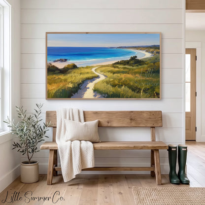 Coastal Bay Dune Path Frame TV Art displayed on a TV