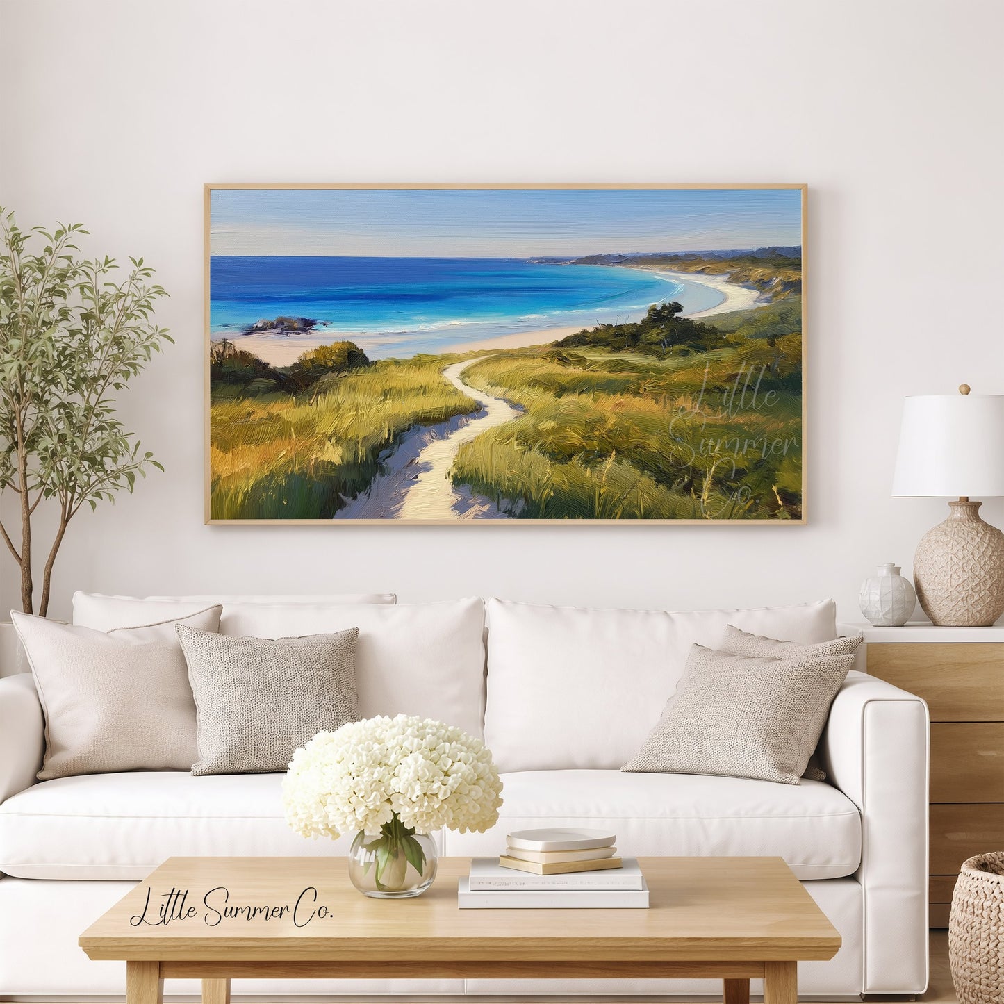 Coastal Bay Dune Path Frame TV Art displayed on a TV