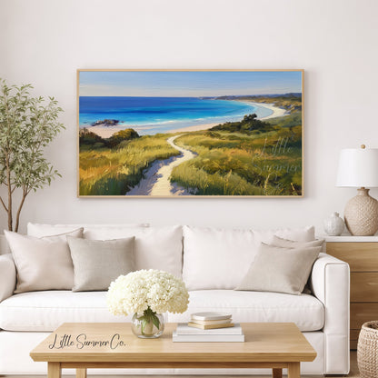 Coastal Bay Dune Path Frame TV Art displayed on a TV