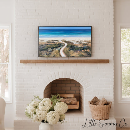 White Sand Beach Track Frame TV Art displayed on a TV