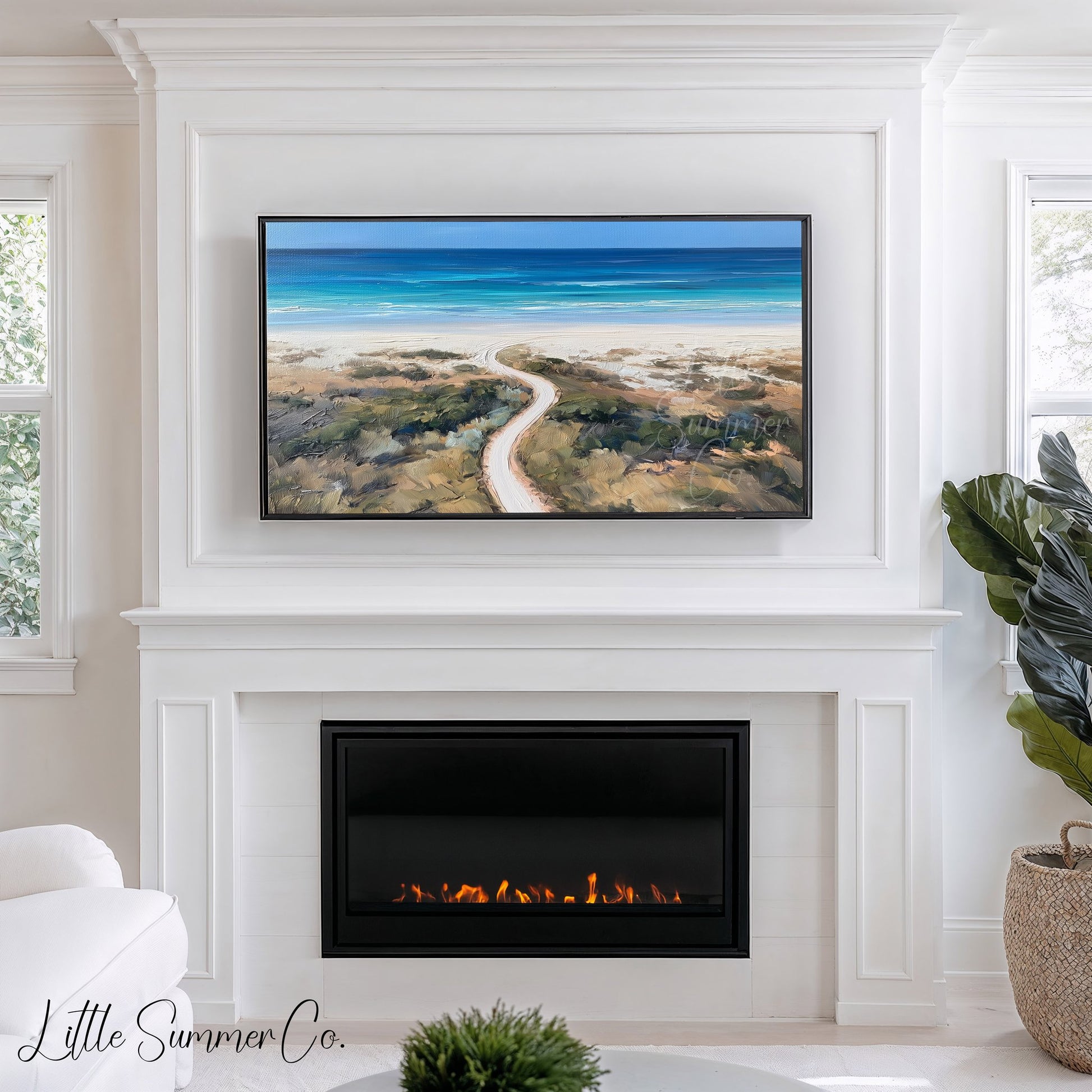 White Sand Beach Track Frame TV Art displayed on a TV