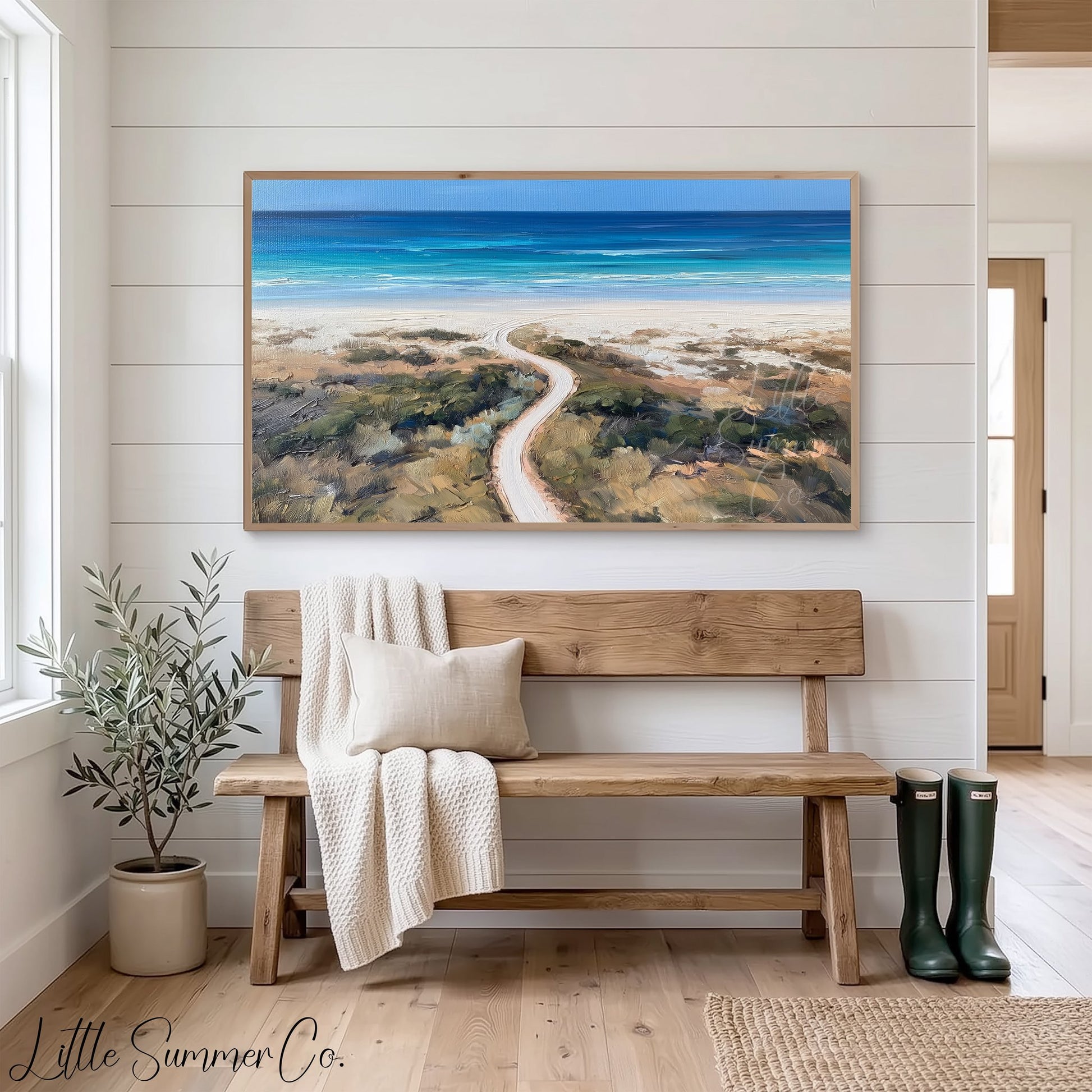 White Sand Beach Track Frame TV Art displayed on a TV