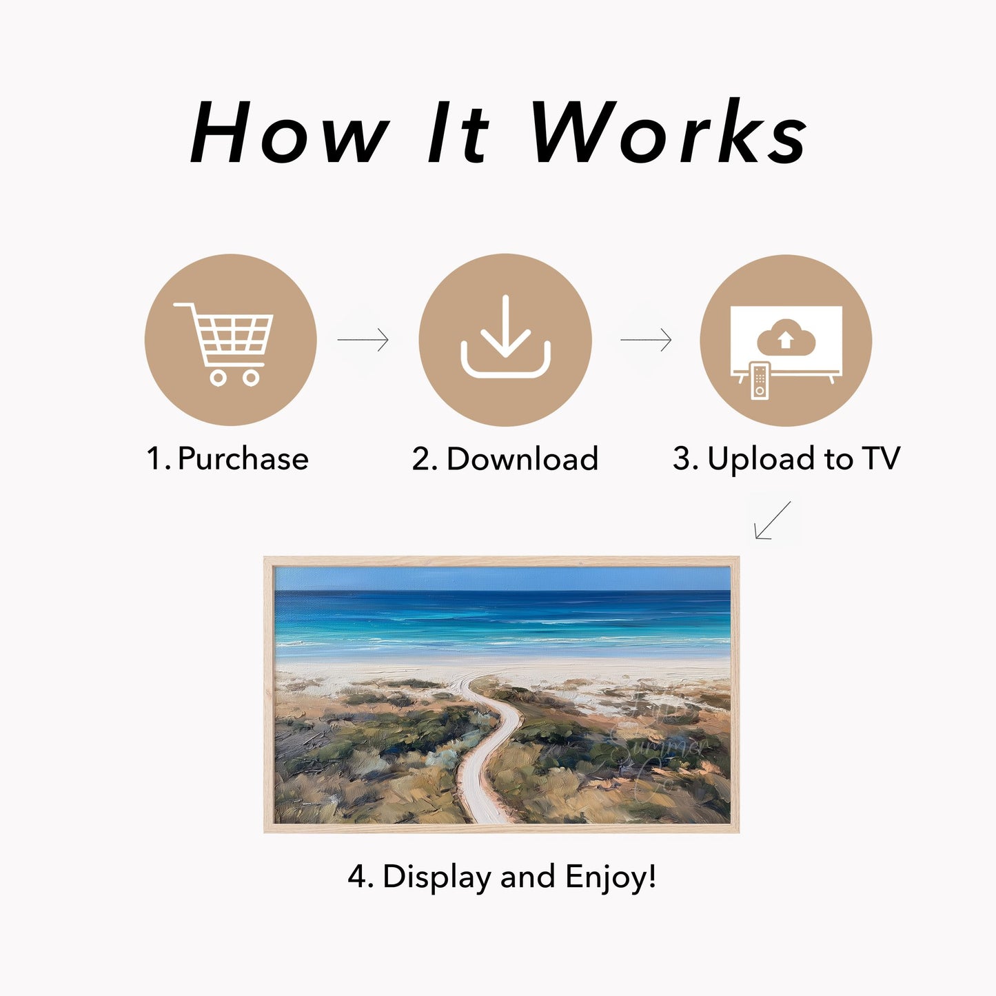White Sand Beach Track Frame TV Art displayed on a TV