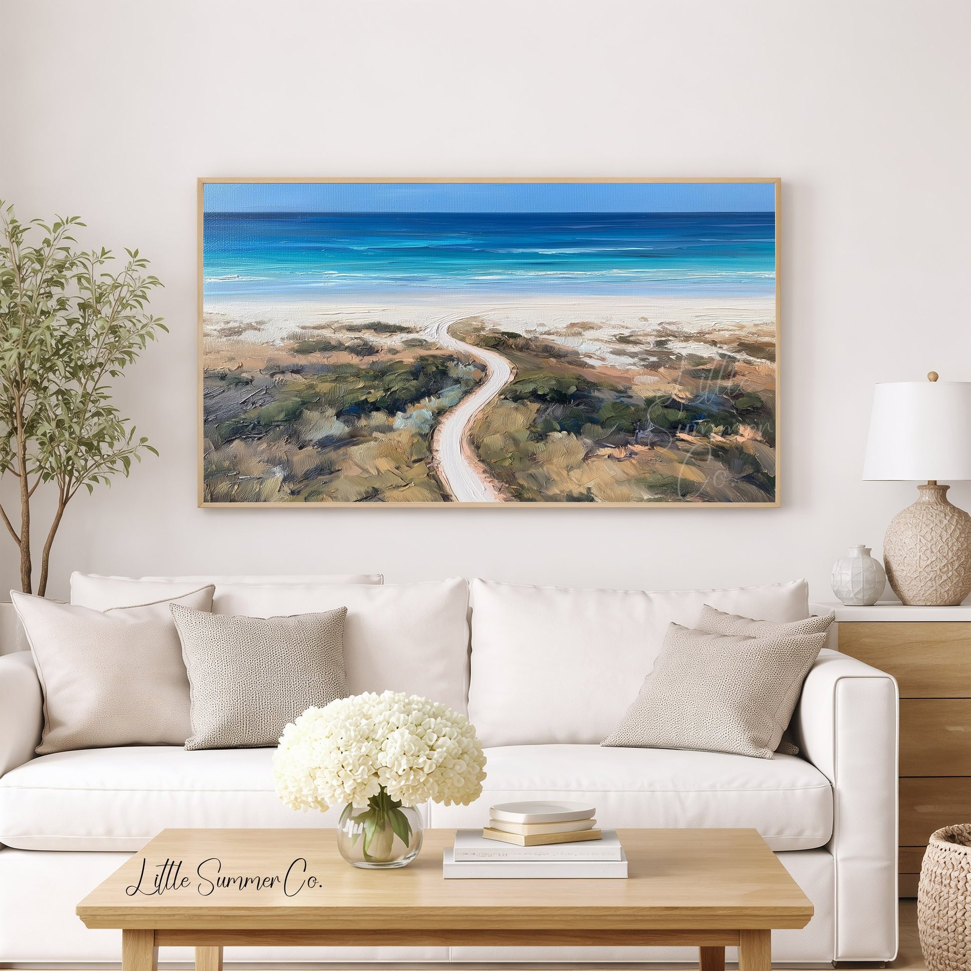 White Sand Beach Track Frame TV Art displayed on a TV
