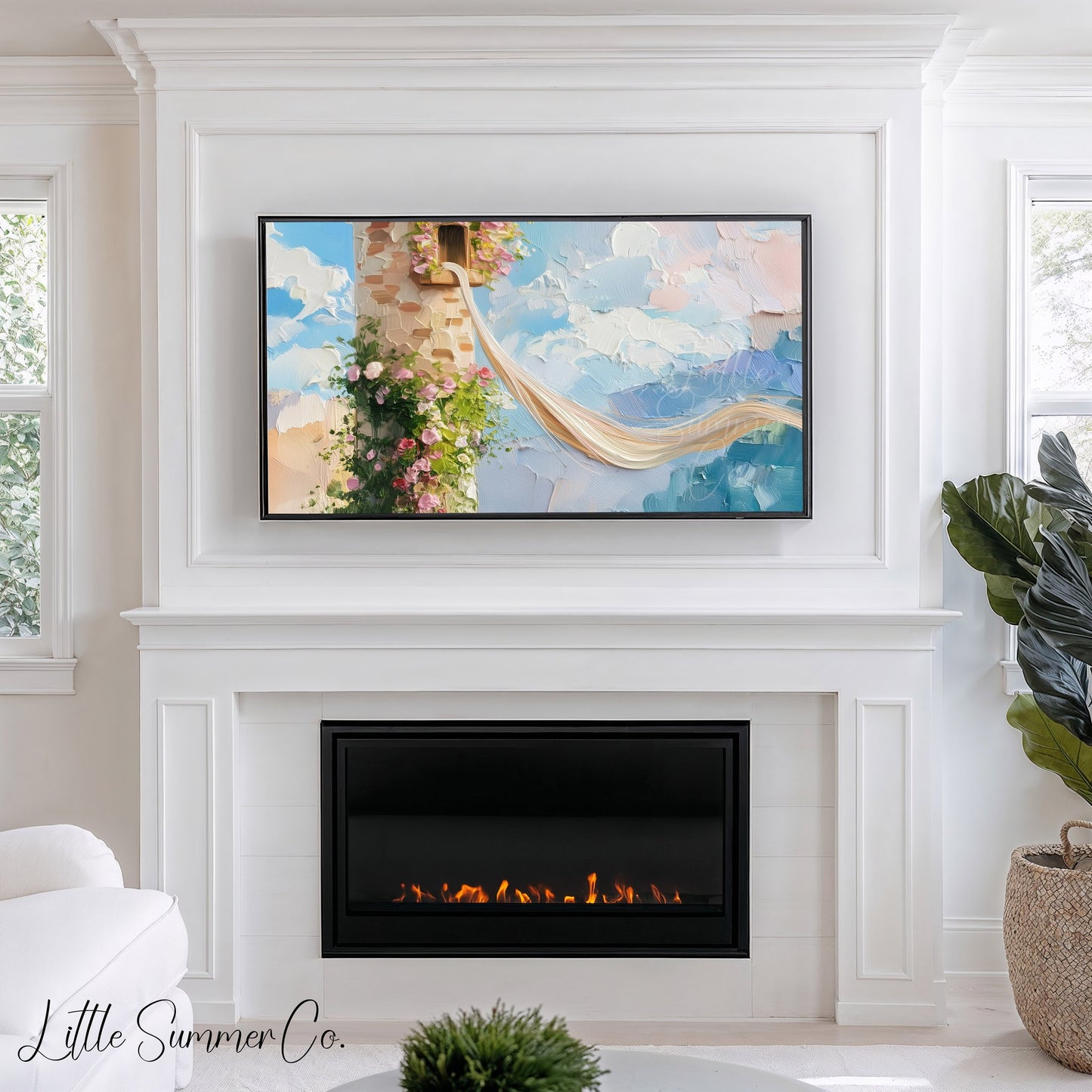 Rapunzel Tower with Flowers Frame TV Art displayed on a TV