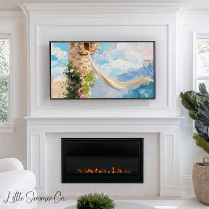 Rapunzel Tower with Flowers Frame TV Art displayed on a TV
