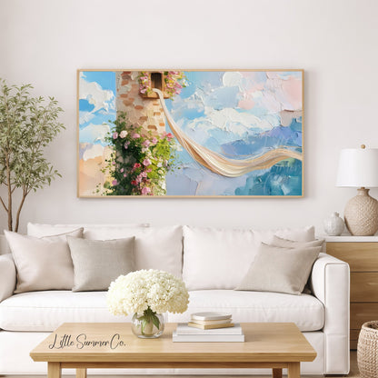 Rapunzel Tower with Flowers Frame TV Art displayed on a TV