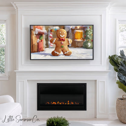 Gingerbread Man Christmas Frame TV Art displayed on a TV