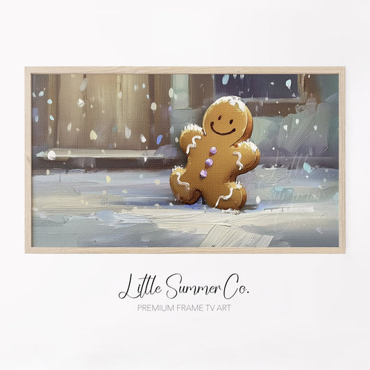 Snowy Gingerbread Man Frame TV Art displayed on a TV