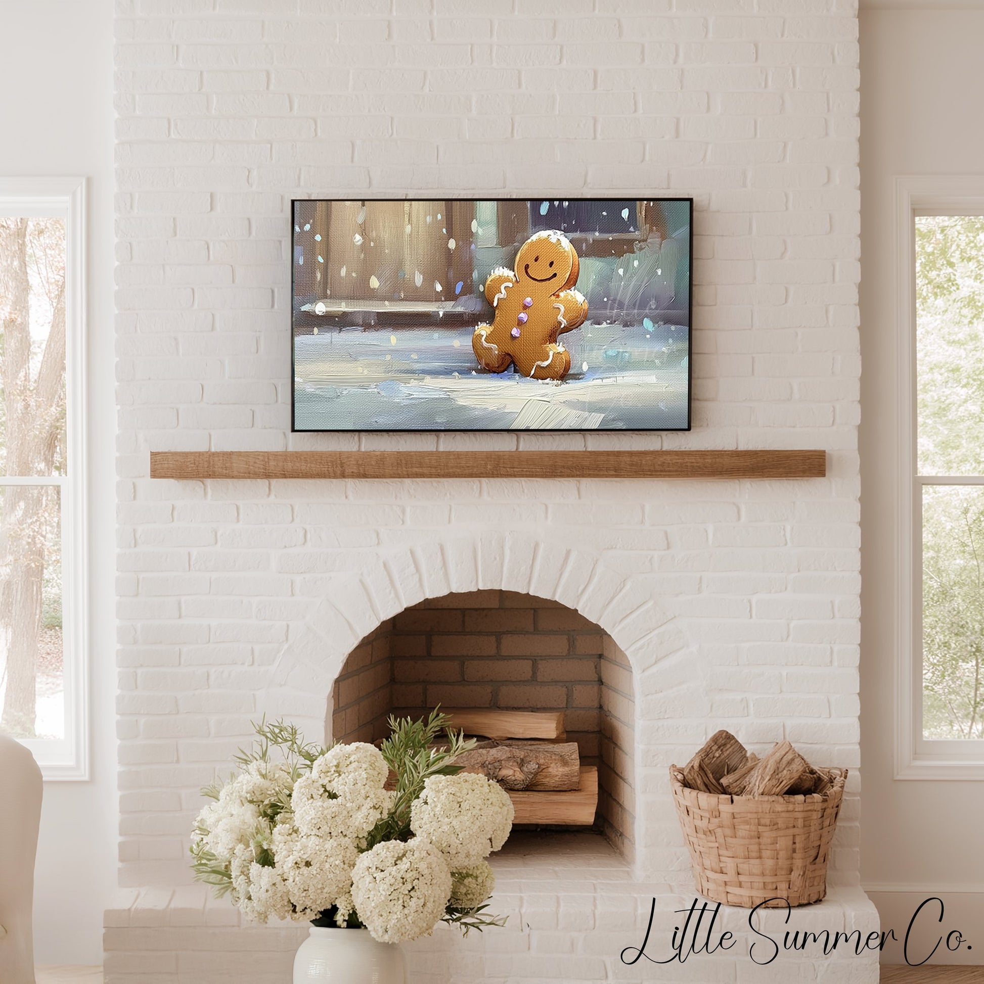 Snowy Gingerbread Man Frame TV Art displayed on a TV