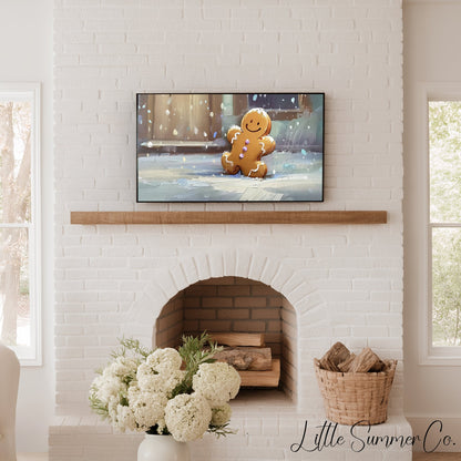 Snowy Gingerbread Man Frame TV Art displayed on a TV