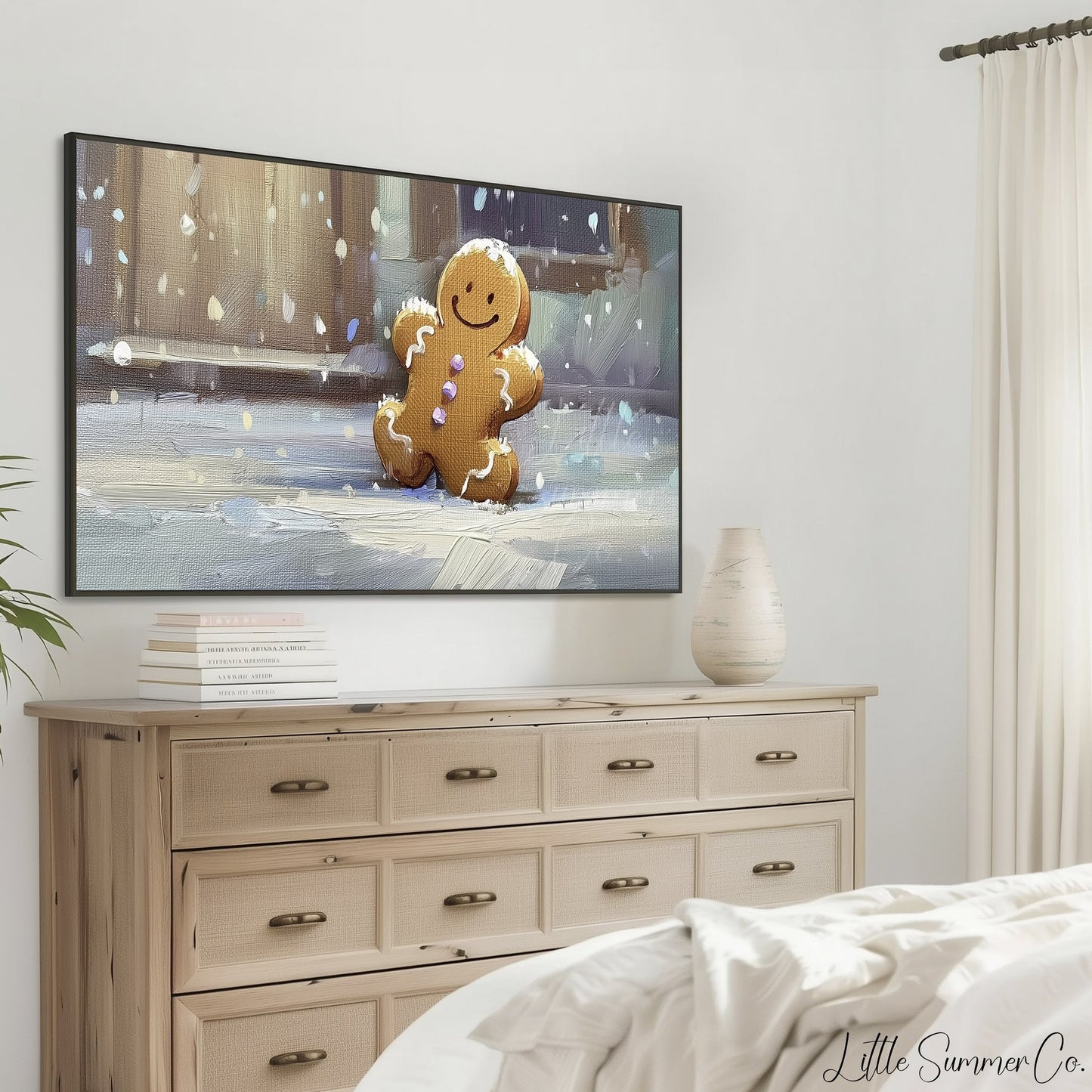 Snowy Gingerbread Man Frame TV Art displayed on a TV
