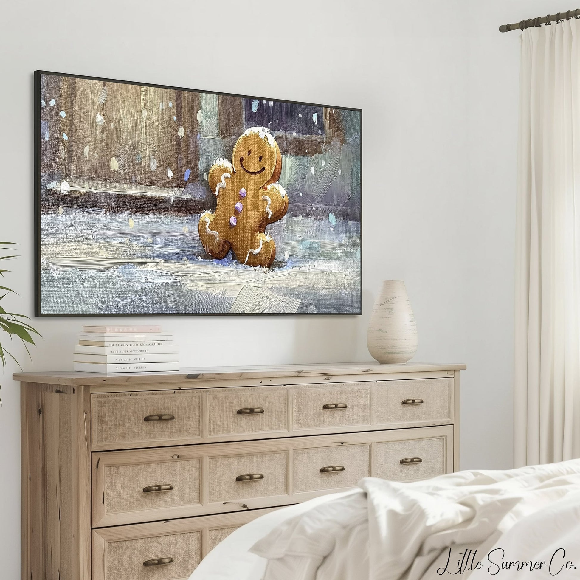 Snowy Gingerbread Man Frame TV Art displayed on a TV