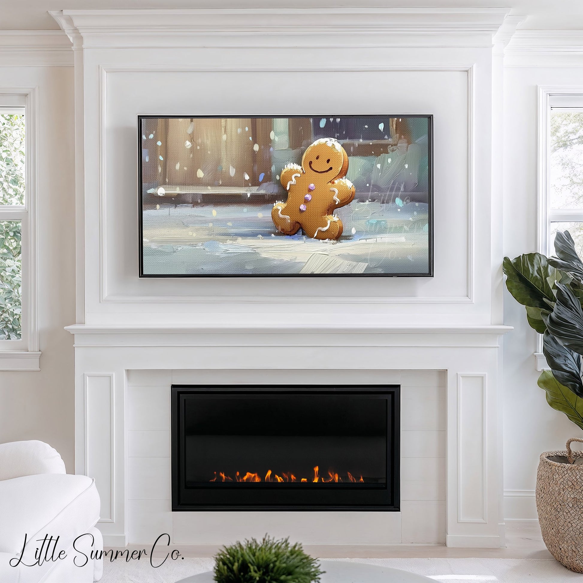 Snowy Gingerbread Man Frame TV Art displayed on a TV