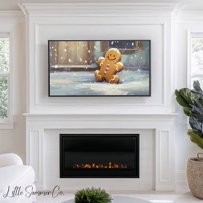 Snowy Gingerbread Man Frame TV Art displayed on a TV