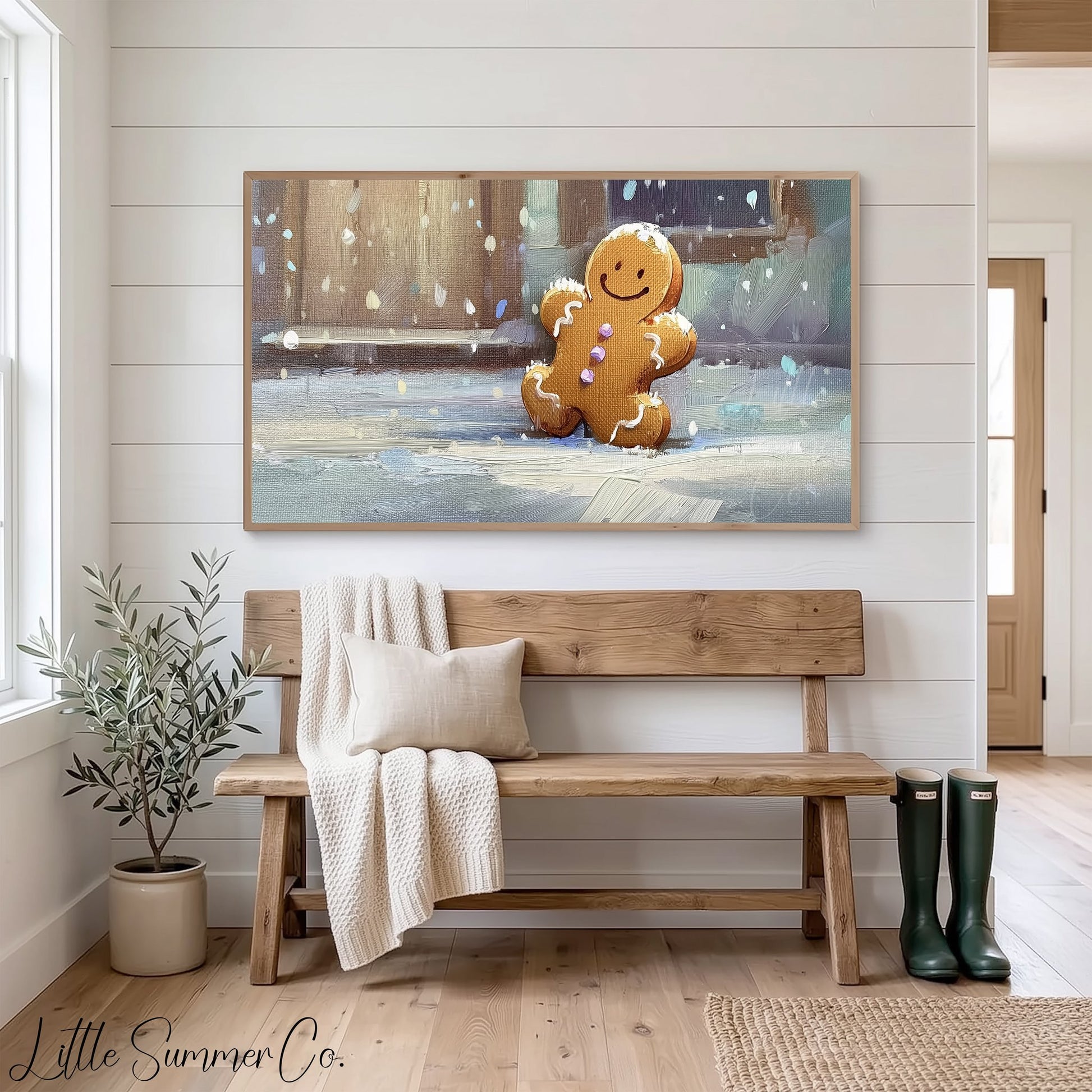 Snowy Gingerbread Man Frame TV Art displayed on a TV