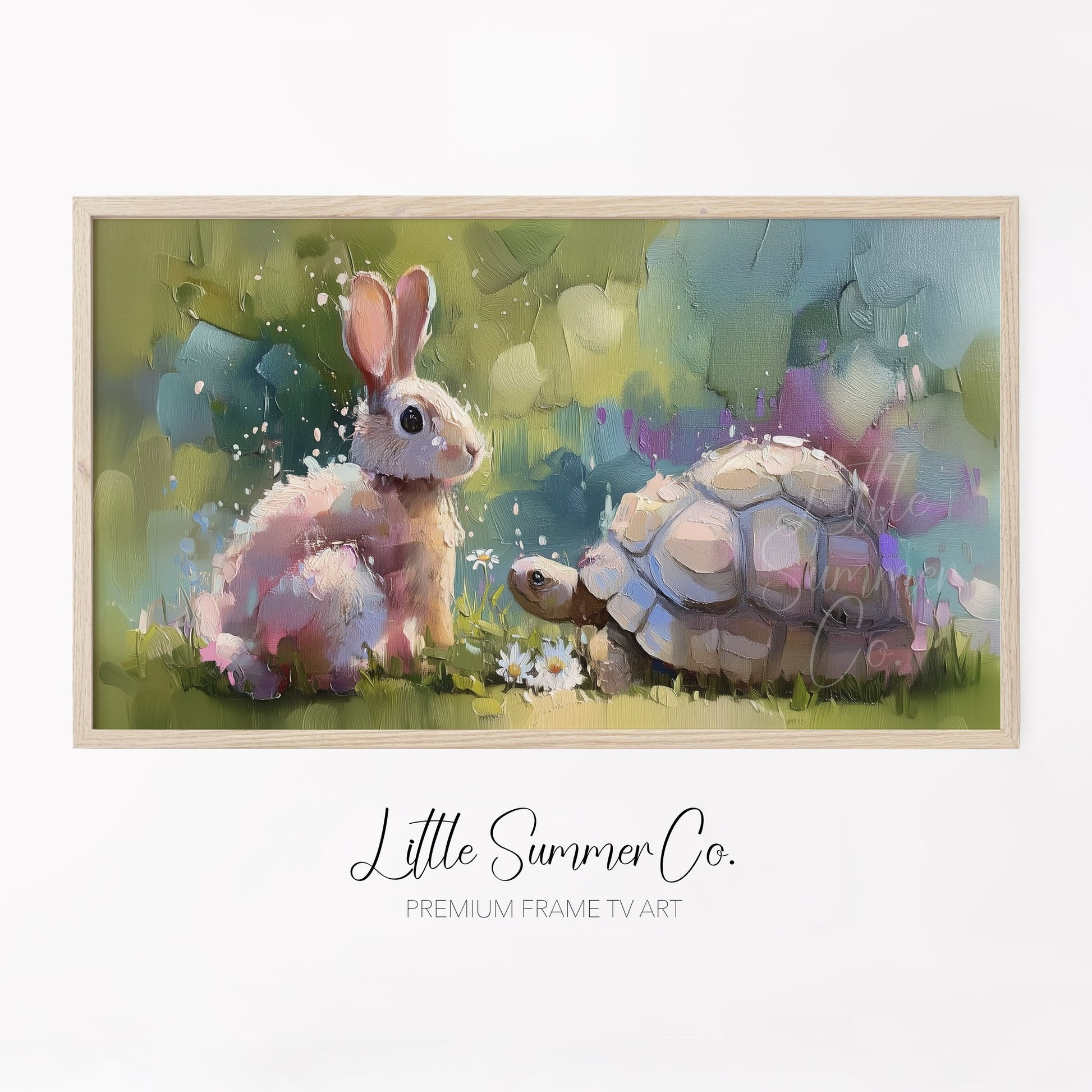 Bunny and Tortoise Friends Frame TV Art displayed on a TV