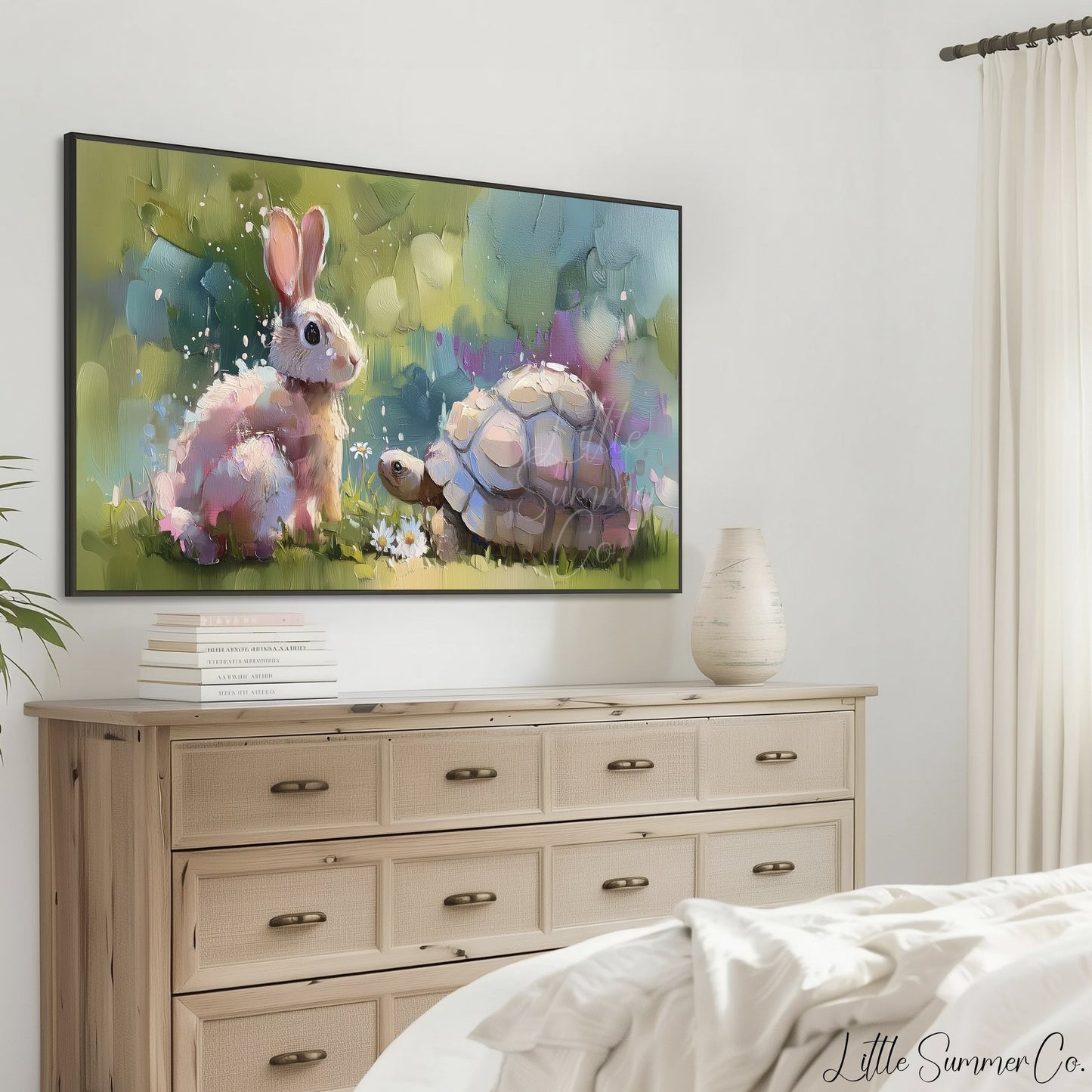 Bunny and Tortoise Friends Frame TV Art displayed on a TV