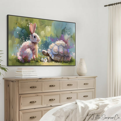 Bunny and Tortoise Friends Frame TV Art displayed on a TV