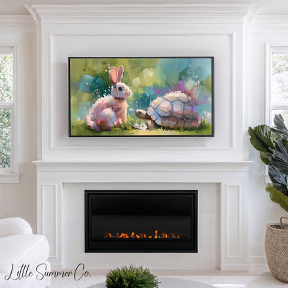 Bunny and Tortoise Friends Frame TV Art displayed on a TV