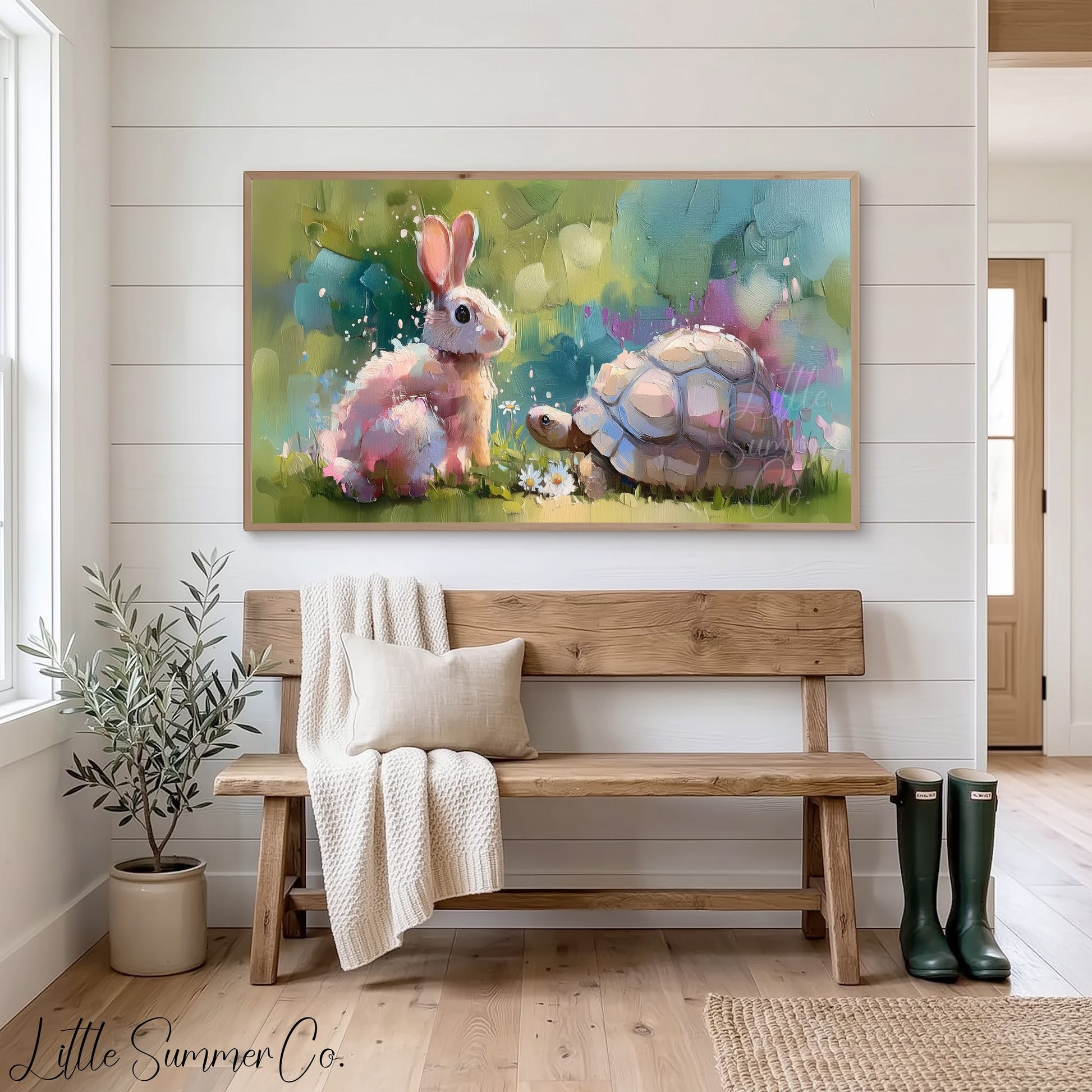Bunny and Tortoise Friends Frame TV Art displayed on a TV