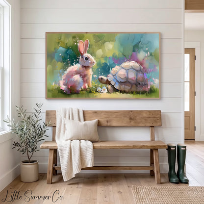 Bunny and Tortoise Friends Frame TV Art displayed on a TV