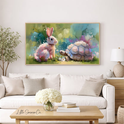 Bunny and Tortoise Friends Frame TV Art displayed on a TV