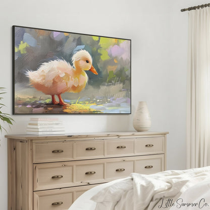 Fluffy Duckling by Water Frame TV Art displayed on a TV