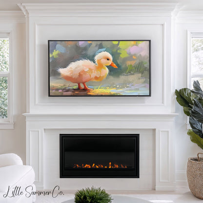 Fluffy Duckling by Water Frame TV Art displayed on a TV