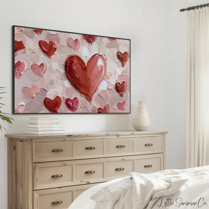 Red Hearts on Pink Frame TV Art displayed on a TV