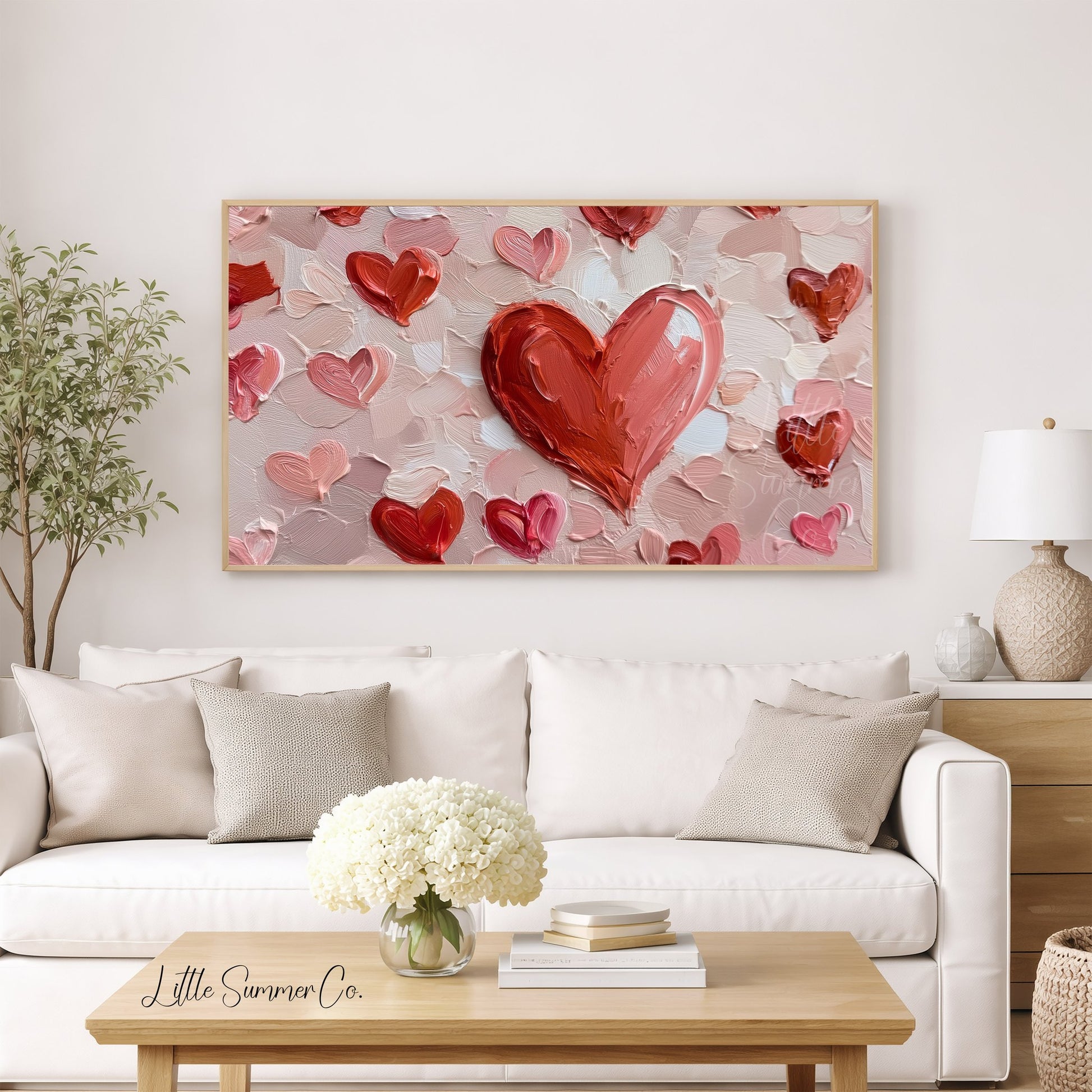 Red Hearts on Pink Frame TV Art displayed on a TV