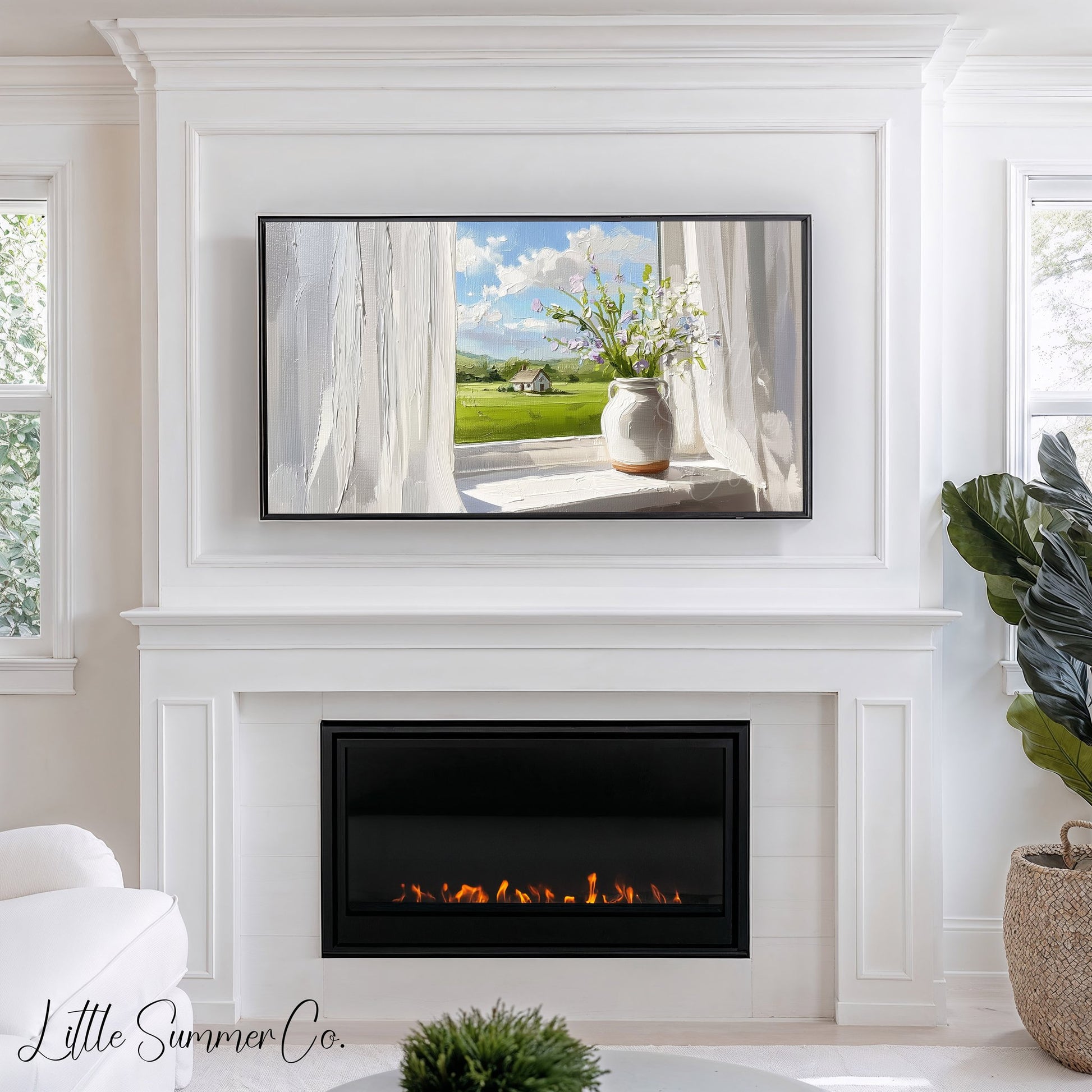 Wildflowers on Sunny Windowsill Frame TV Art displayed on a TV
