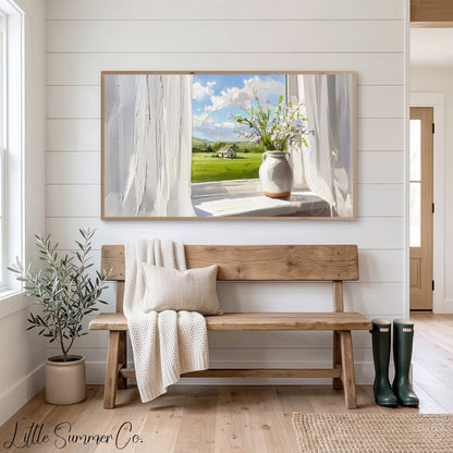 Wildflowers on Sunny Windowsill Frame TV Art displayed on a TV