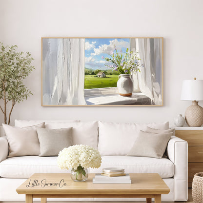 Wildflowers on Sunny Windowsill Frame TV Art displayed on a TV