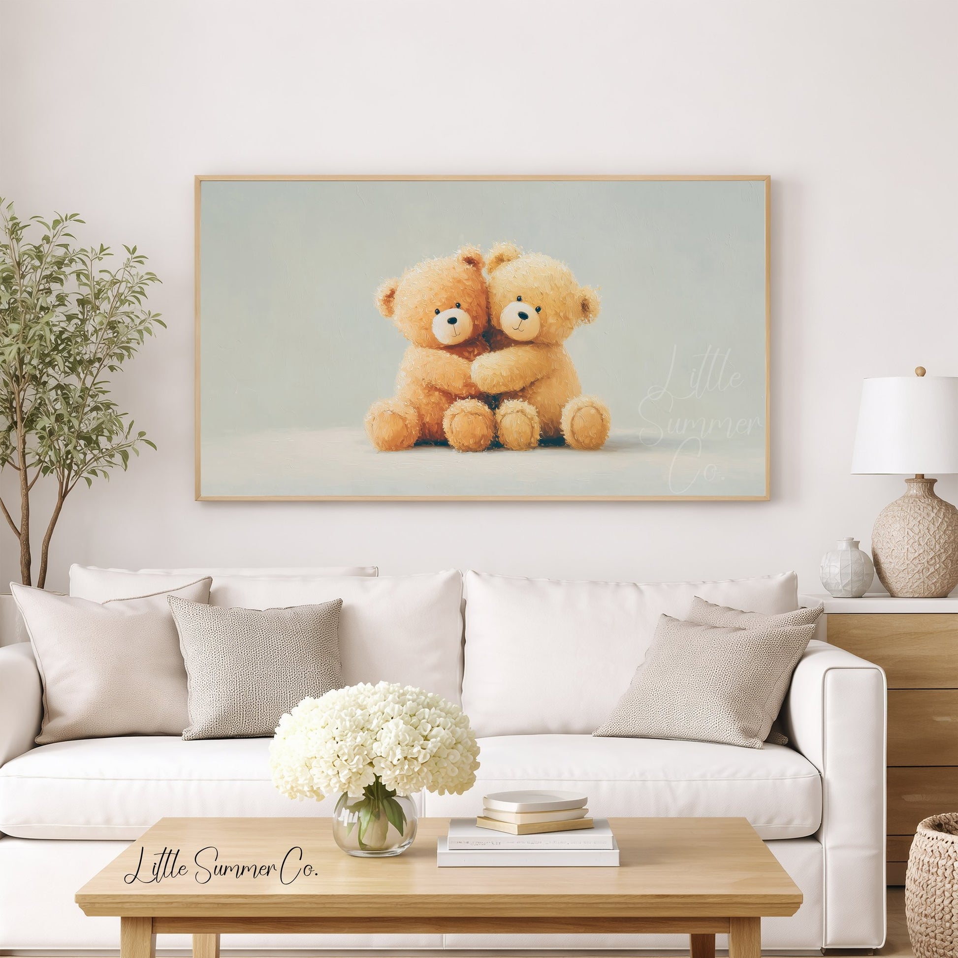 Hugging Teddy Bears Frame TV Art displayed on a TV