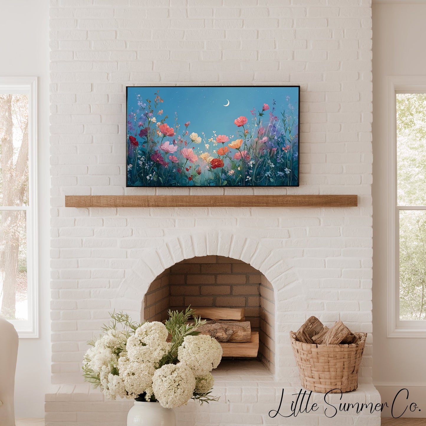 Moonlit Wildflowers Frame TV Art displayed on a TV