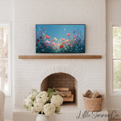 Moonlit Wildflowers Frame TV Art displayed on a TV