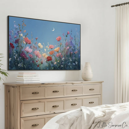 Moonlit Wildflowers Frame TV Art displayed on a TV